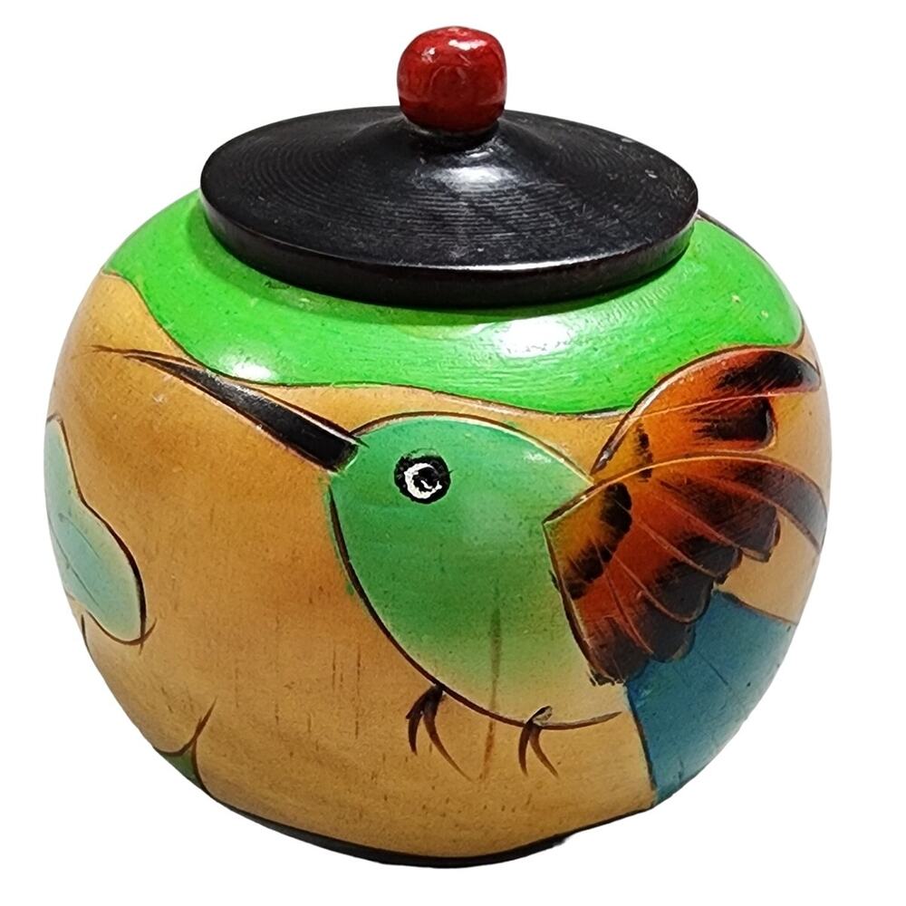 Hummingbird Parrot Hand Painted Carved Wooden Lacquer Bowl Trinket Box With Lid